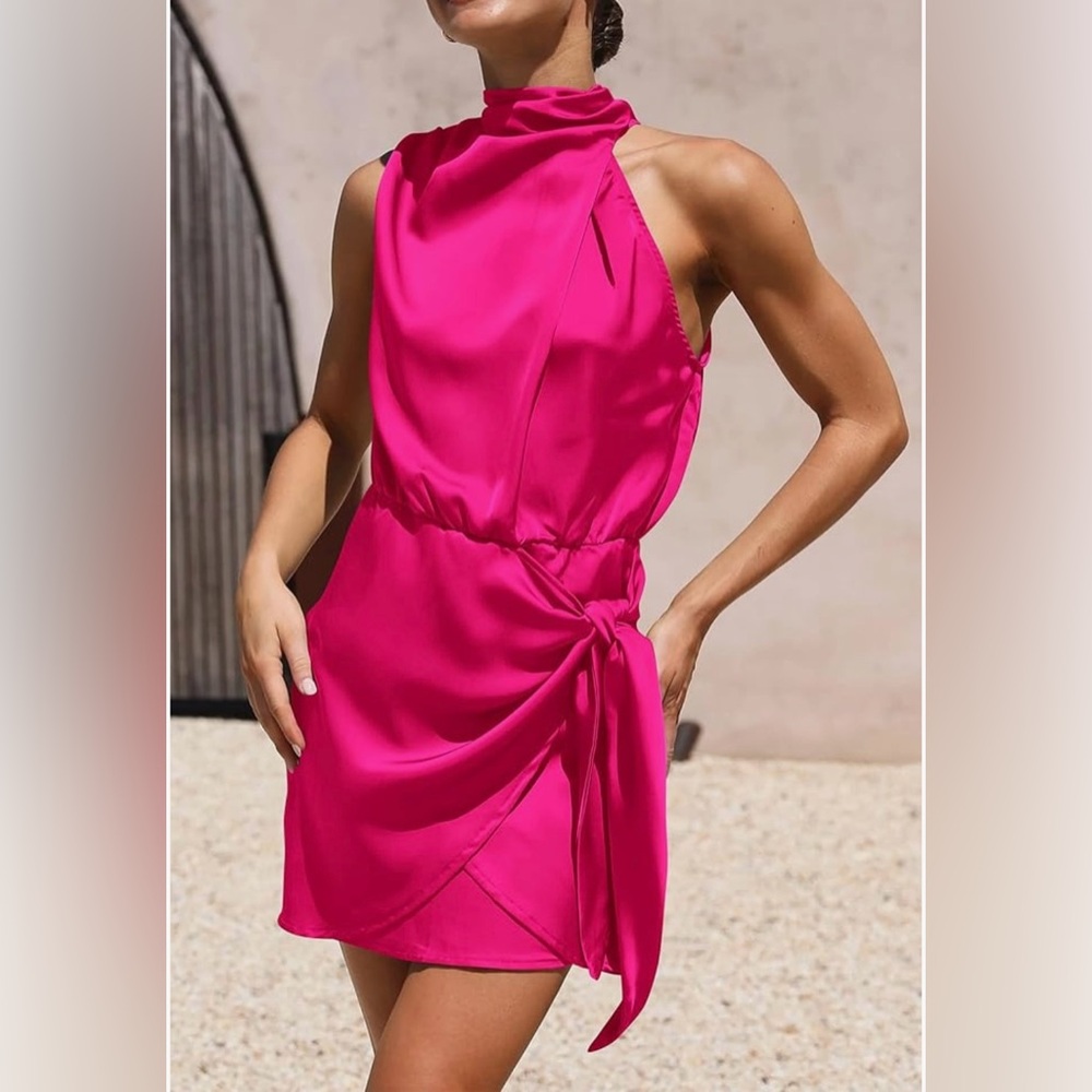 PrettyGarden | Hot Pink Sleeveless Mock Neck Cocktail Party Dress